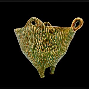 Green gold luster pot. Ceramic pottery. Handmade porcelain bowl. Three legged vase. Nature Inspired organic bowl. image 2