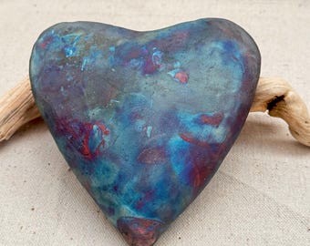 Raku ceramic heart. Blue copper heart. Raku pottery. Declaration of love.  Hand built ceramic sculpture.