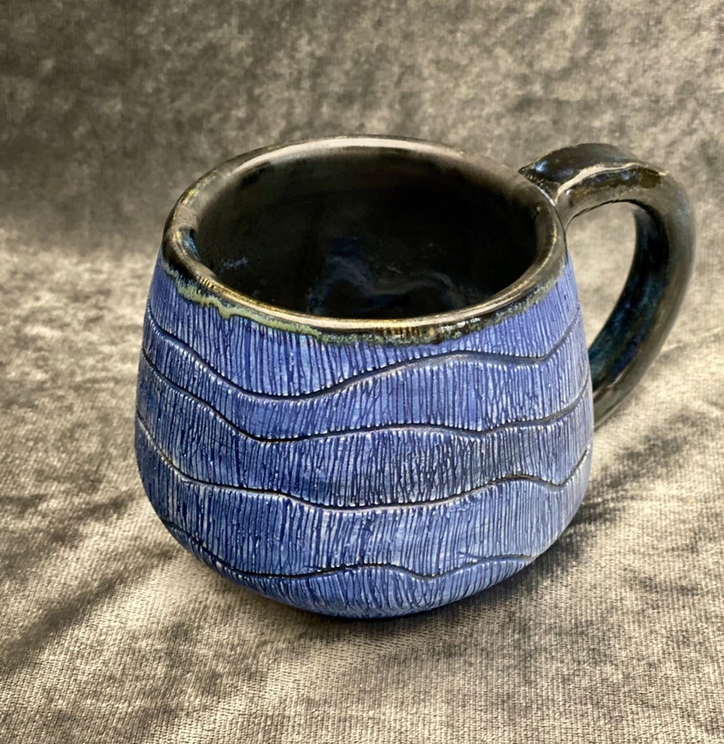 Blue ceramic coffee mug. Handmade pottery. Large 14 OZ soup cup. Navy blue and black tea cup. Fine pottery. image 2