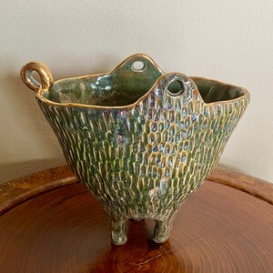 Green gold luster pot. Ceramic pottery. Handmade porcelain bowl. Three legged vase. Nature Inspired organic bowl. image 3
