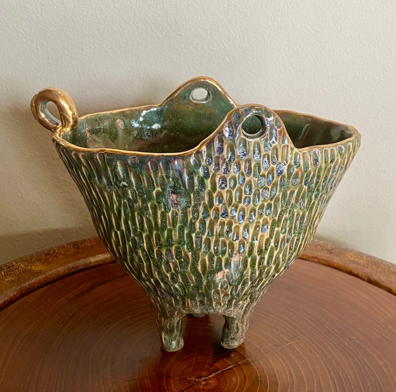 Green gold luster pot. Ceramic pottery. Handmade porcelain bowl. Three legged vase. Nature Inspired organic bowl. image 3