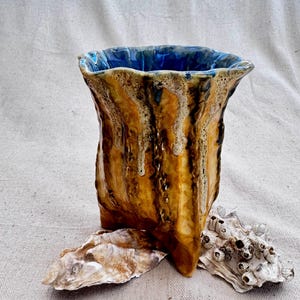 Ceramic sea urchin vase. Handmade yellow - blue ocean inspired coastal pottery.