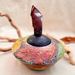 Raku cremation urn. Pet’s urn.  Zen keepsake urn for ashes. Lidded jar with jasper knob. Raku fine pottery. Mixed Media.