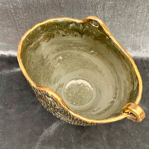 Green gold luster pot. Ceramic pottery. Handmade porcelain bowl. Three legged vase. Nature Inspired organic bowl. image 8