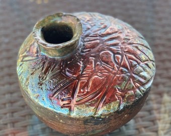 Raku ceramic vase.  Handmade asymmetric copper green vessel. Raku fine  hand built ceramics. Contemporary home décor.