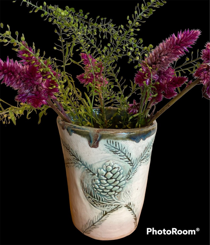 Pine cone tumbler coffee cup. Ceramic coffee mug. 12OZ. Hand built rustic earthy pottery. image 6