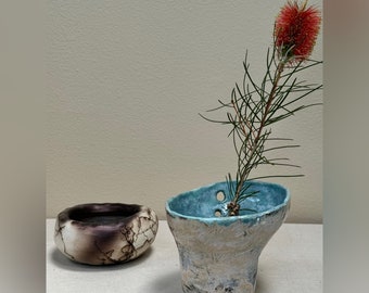 Ikebana ceramic vase. Handmade rustic blue flower vase. Ocean inspired organic pottery. Japanese style ceramics.