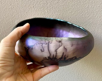 Horsehair abalone shell bowl. Raku ceramics. Pearl luster organic vessel. Violet and green luster. Fine art ceramics. Pottery gift.