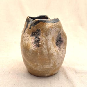 May include: A handmade ceramic vase with a unique, organic shape. The vase features a textured surface with a blend of brown, tan, and black colors. The rim is dark, and there are dark spots on the body. A decorative piece for the home.