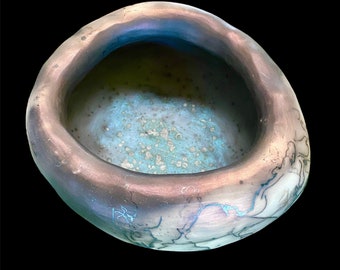 Horsehair raku pot. Blue luster shell raku bowl.Handmade nature inspired fine art ceramics. One-of-kind raku pottery gift.