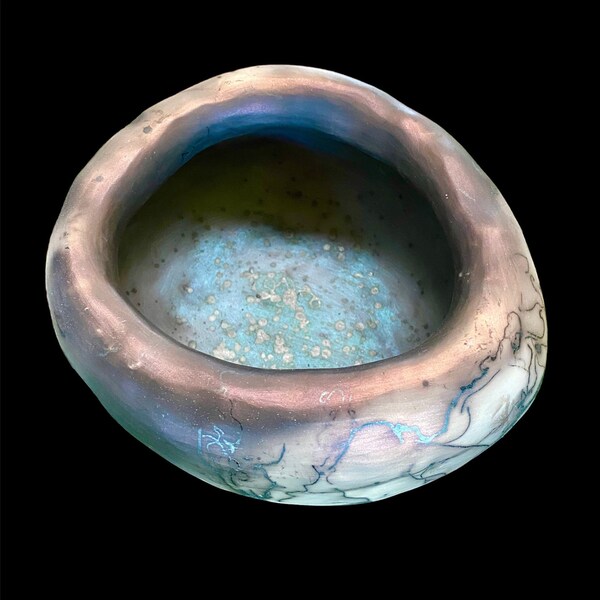 Horsehair raku pot. Blue luster shell raku bowl.Handmade nature inspired fine art ceramics. One-of-kind raku pottery gift.