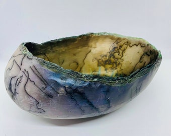 Horsehair abalone shell bowl. Raku ceramics. Pearl luster organic vessel. Gold, purple and green luster. Nature inspired fine art ceramics.