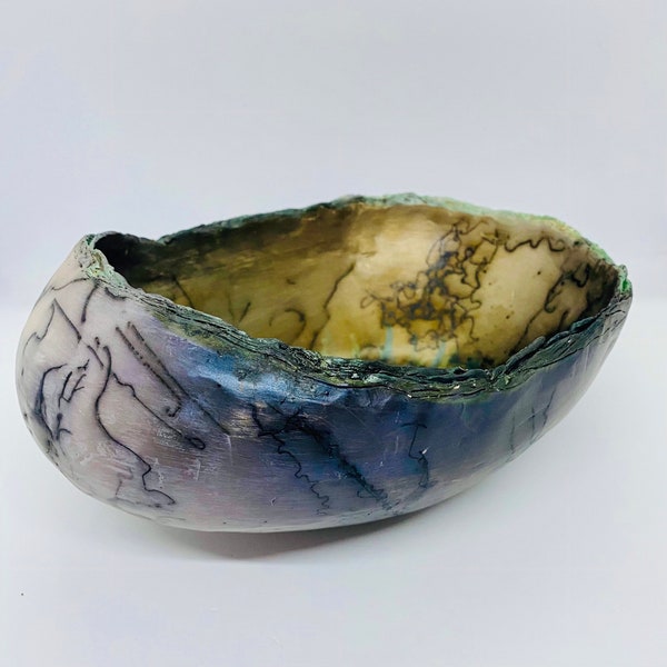 Horsehair abalone shell bowl. Raku ceramics. Pearl luster organic vessel. Gold, purple and green luster.  Fine art ceramics.