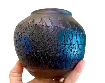 Raku pottery vase. Black raku ceramic vase. Crackled texture wabi sabi vase. Blue luster vase.