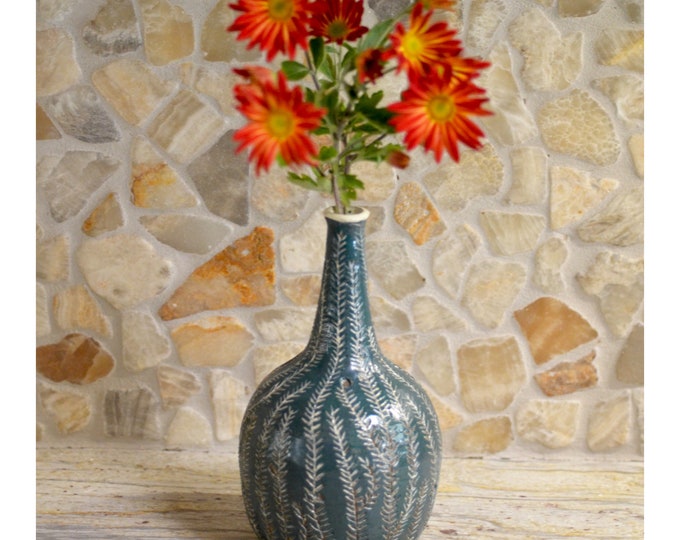 Ceramic Turquoise Handmade Vase. Nature Inspired Organic Bottle. White Twigs Vase. Fine Pottery.
