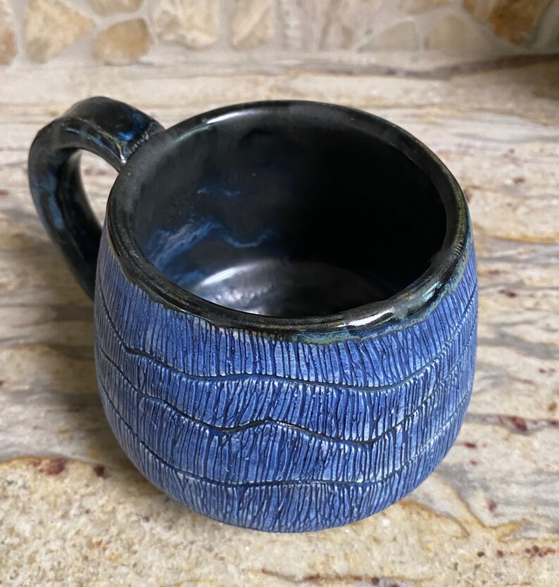 Blue ceramic coffee mug. Handmade pottery. Large 14 OZ soup cup. Navy blue and black tea cup. Fine pottery. image 6