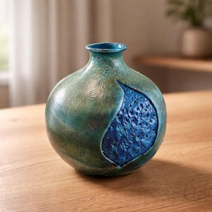 Raku ceramic emerald green vase. Textured earthy pottery. Handmade rustic pot.