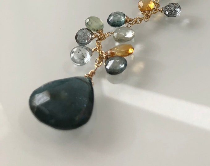 Autumn Inspired Gemstone Lariat Necklace in Gold Vermeil, Moss Aquamarine, Citrine, Green Amethyst Quartz, Prehnite, Mystic Quartz