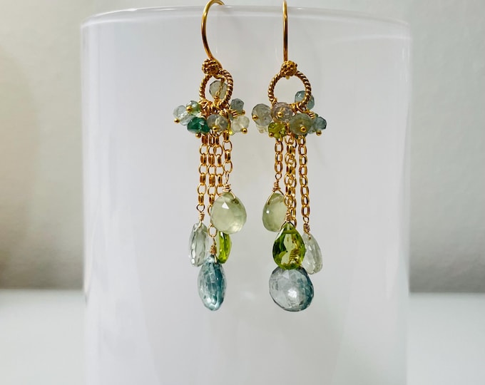 Green Gemstone RainCloud Earrings in Gold, Mystic Green Quartz, Prasiolite, Prehnite, Peridot and Moss Aquamarine