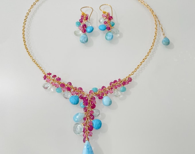 Mixed Gemstone Y-Necklace Earrings Set in Gold, Larimar, Aquamarine, Howlite Turquoise, Amazonite, Pink Sapphire and Mystic Pink Quartz
