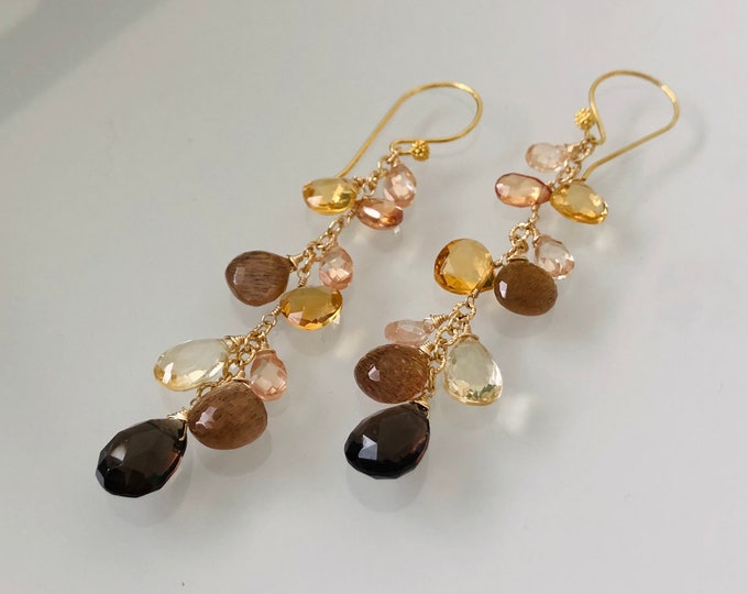 Semiprecious Gemstone Earrings in Gold Vermeil with Smoky Quartz, Golden Moonstone, Golden Citrine,  Topaz, Zircon