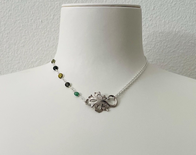 Green Tourmaline Leaf Pendant Necklace in Sterling Silver