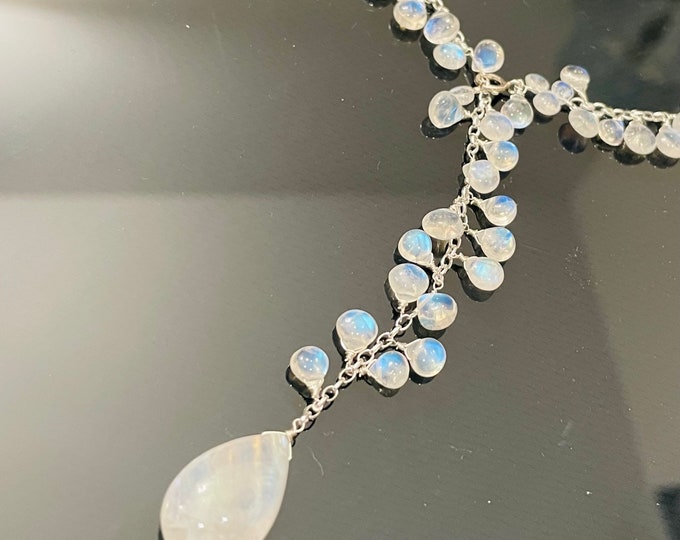 Something Blue Bridal Lariat Necklace and Earrings in Sterling Silver and Rainbow Moonstone