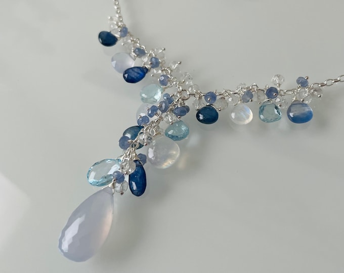 Bridal Pendant Y-Necklace in Silver with Natural Chalcedony, Blue Sapphire, Sky Blue Topaz and Rainbow Moonstone