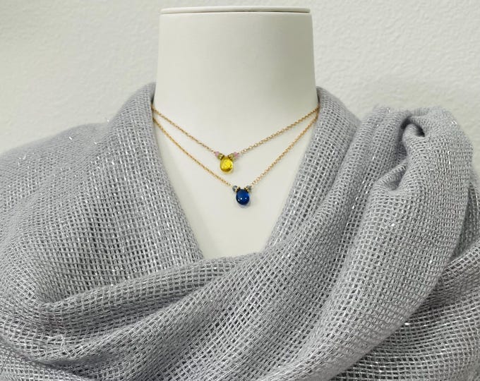 Blue Yellow Sapphire Single Stone Choker Necklace in Gold Fill Chain