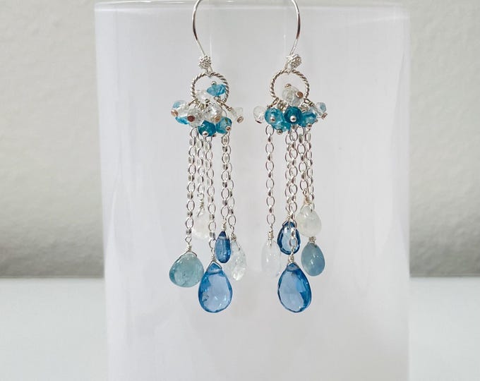 Gemstone RainCloud Earrings in Sterling Silver with Aquamarine, Moss Aquamarine, Rainbow Moonstone, Mystic London Blue Topaz and Blue Zircon