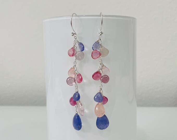 Mismatched Gemstone Earrings: Tanzanite, Pink Sapphire & Morganite in Sterling Silver