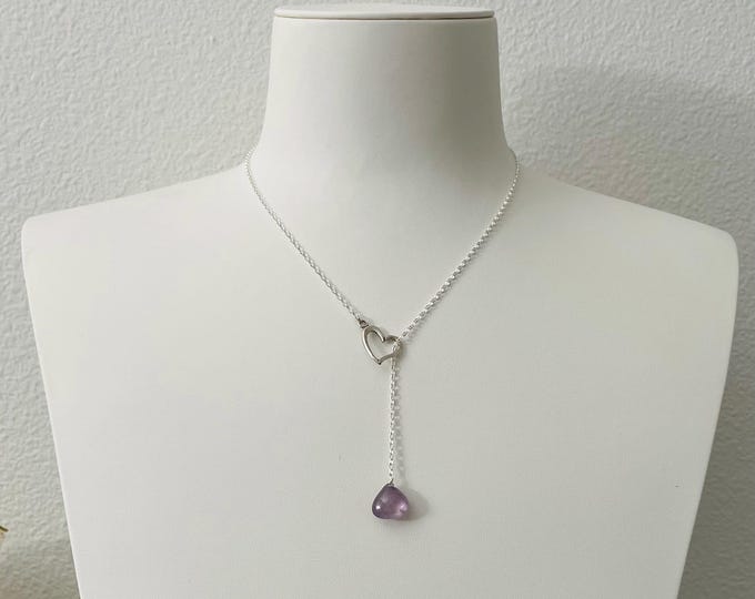 Lavender Sapphire Heart Lariat Necklace in Sterling Silver