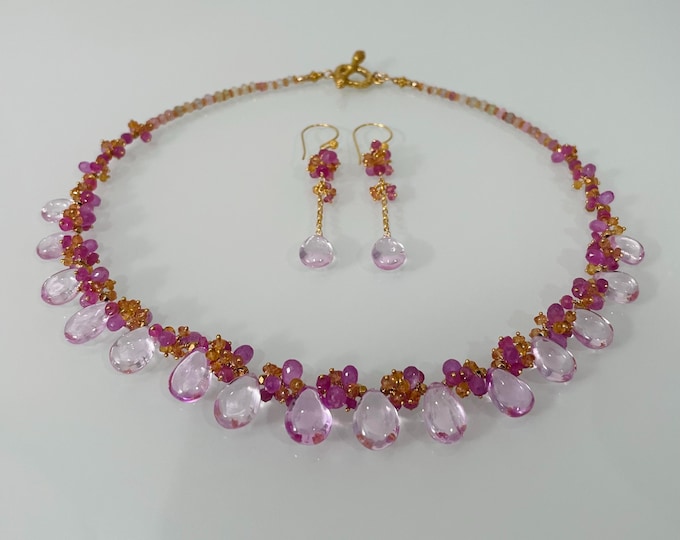 Sapphire Gemstone Beaded Necklace in Gold Vermeil and Pink Sapphire, Orange Padparadscha Sapphire // Sakura