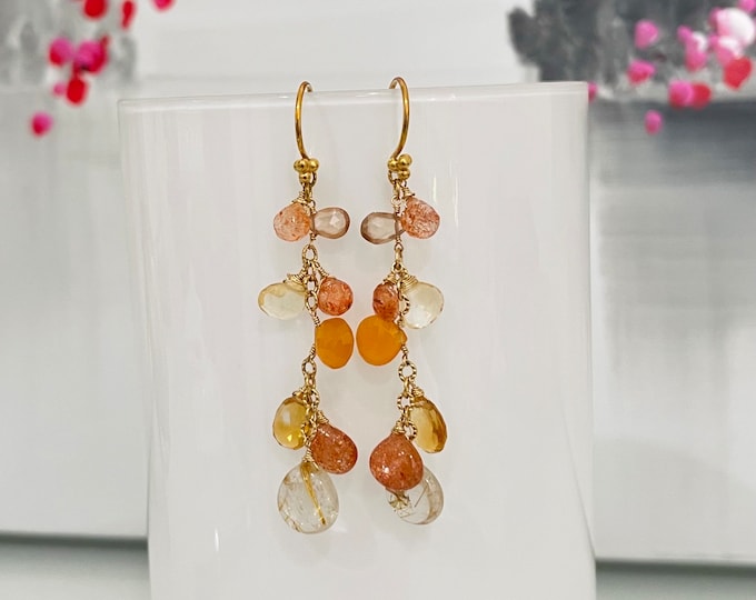 Gemstone Earrings in Gold with Golden Rutilated Quartz, African Sunstone, Yellow and Golden Citrine, Orange Carnelian, Zircon