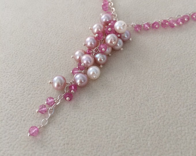 Freshwater Pearl Pendant Necklace in Sterling Silver with Mystic Pink Topaz