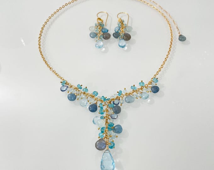 Semiprecious Gemstone Y-Necklace Earrings Set in Gold, Sky Blue Topaz, Labradorite, Moss Aquamarine, Mystic London Blue Topaz, Apatite