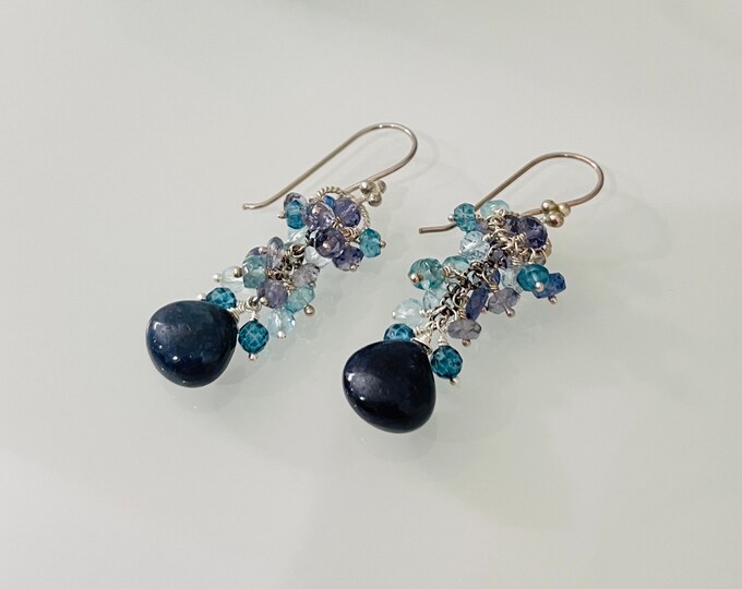 Mixed Blue Gemstone Cluster Earrings in Silver and Genuine Sapphire, Sky Blue Topaz, London Blue Topaz, Mystic Swiss Blue Topaz, Iolite