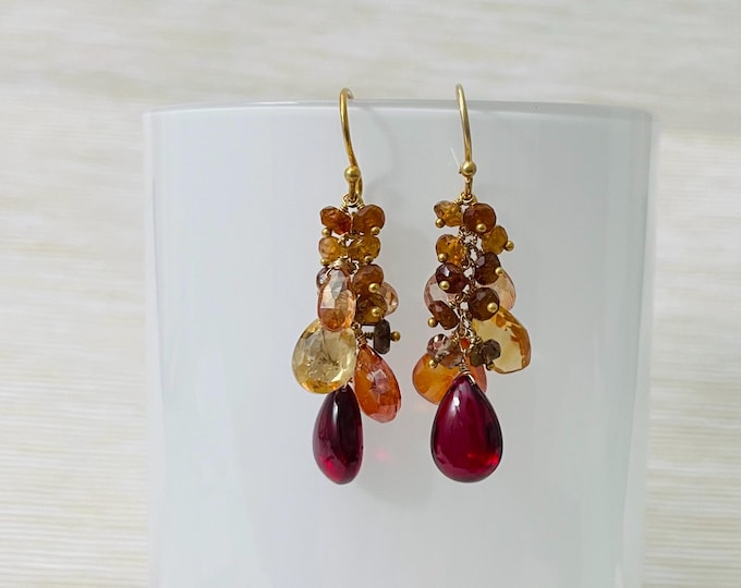 Gold Vermeil Gemstone Cluster Earrings: Red Sapphire, Topaz, Citrine