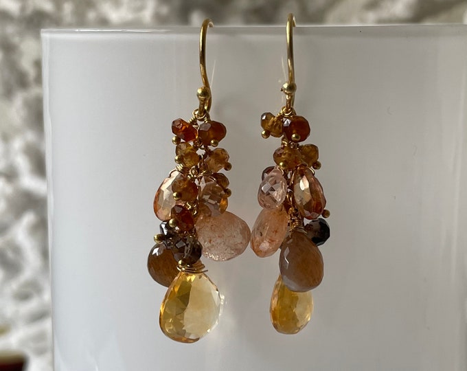 Gemstone Earrings in Gold Vermeil with Honey Citrine, Golden Moonstone, Sunstone, Mystic Grapefruit Topaz, Peach Zircon, Petrol Tourmaline