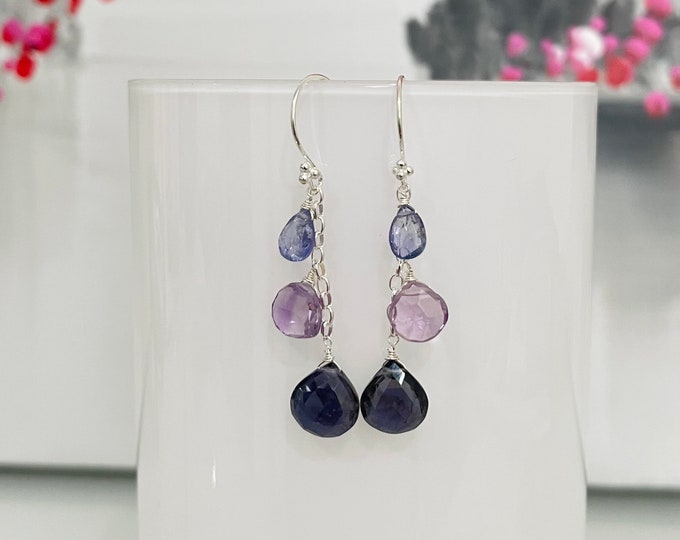 Purple Semiprecious Gemstone Line Earrings in Sterling Silver, Iolite, Amethyst and Tanzanite