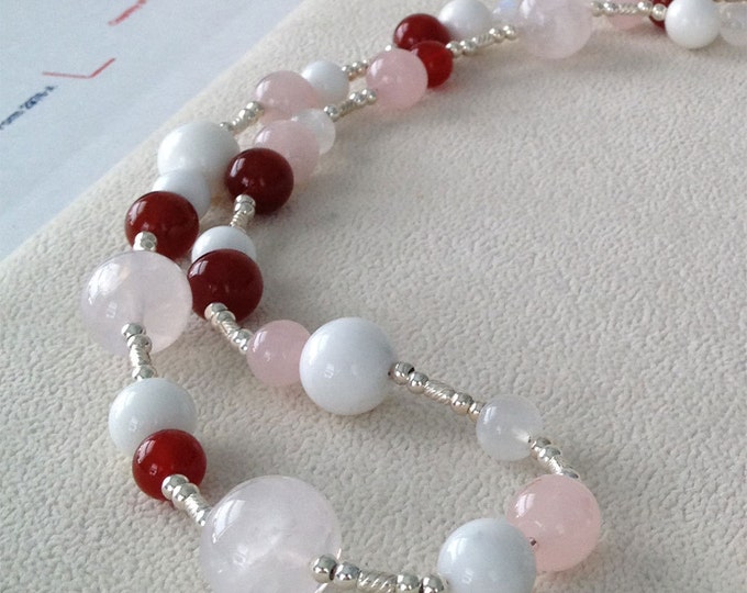 Long Semiprecious Pink and Red Beaded Gemstone Necklace in Sterling Silver with Rose Quartz, Carnelian, Agate and Moonstone