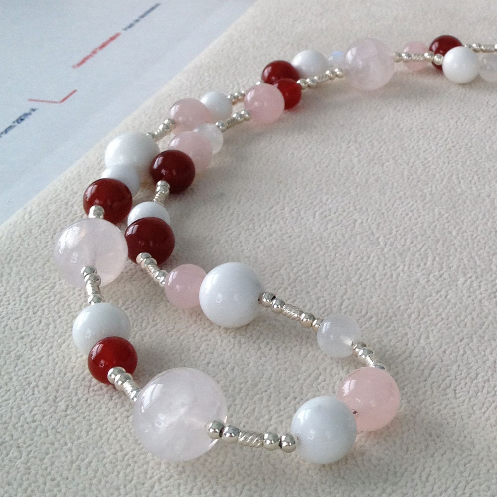Long Semiprecious Pink and Red Beaded Gemstone Necklace in Sterling ...