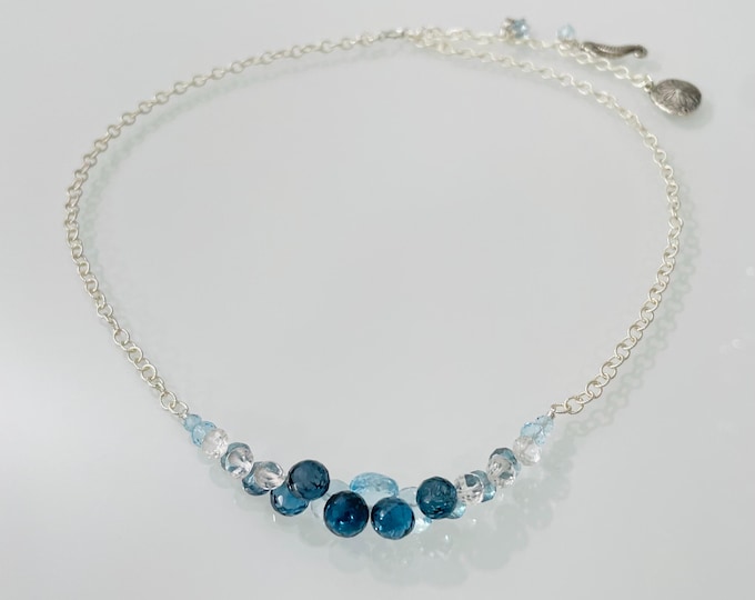 Blue Topaz Bead Bar Choker Necklace in Silver with London Blue Topaz, Sky Blue Topaz and Mystic Topaz