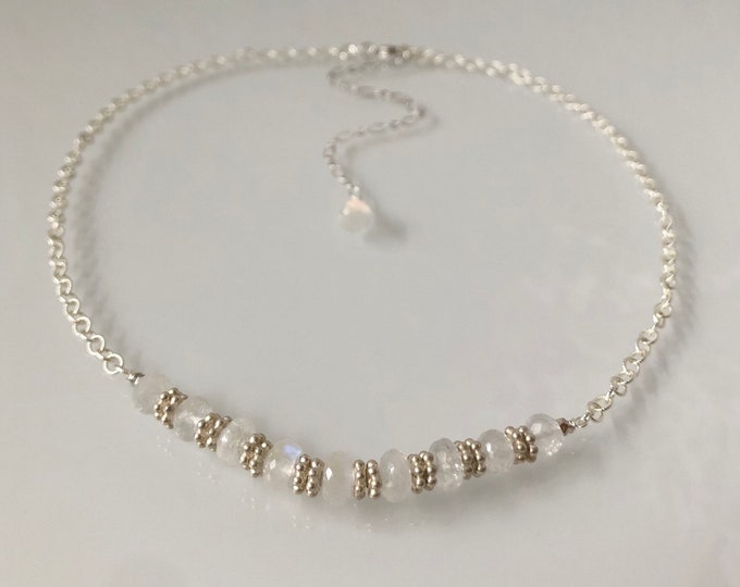 Rainbow Moonstone Bead Bar Choker Necklace in Sterling Silver Chain // Bridal Collection