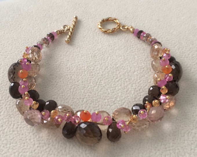 Pink and Orange Padparadscha Sapphire Gemstone Bracelet in Gold Vermeil with Smoky Quartz, Mystic Champagne Quartz, Mystic Pink Topaz