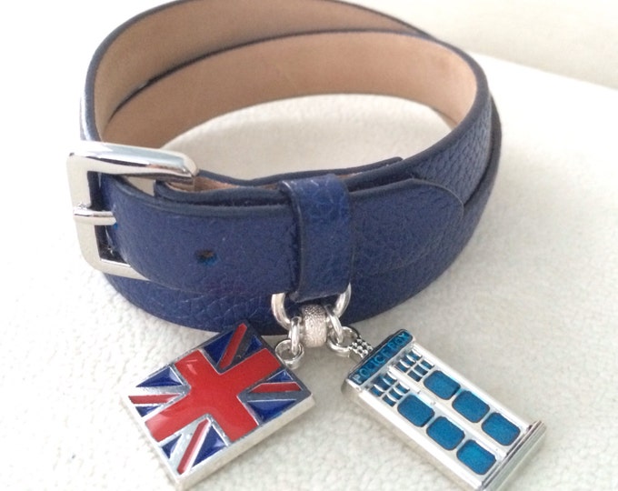 Doctor Who Inspired Navy Blue Genuine Leather Double Wrap Bracelet with UK Union Flag and Police Box Charms