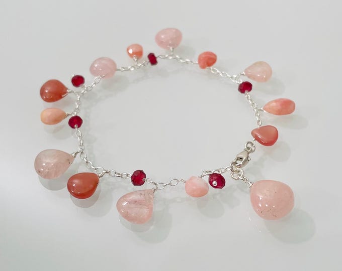 Pink Gemstone Charm Bracelet in Silver with Morganite, Rhodonite, Peruvian Pink Opal and Garnet