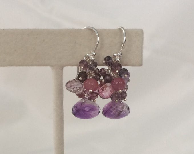 Gemstone Cluster Earrings in Sterling Silver, Moss Amethyst, Mystic Pink Topaz, Mystic Pink Quartz, Amethyst, Pink Sapphire, Spinel