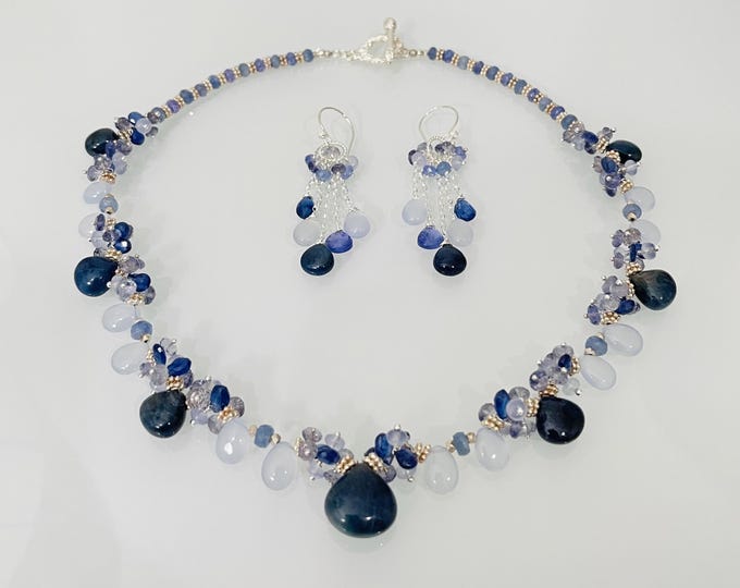 Blue Sapphire Necklace Earrings Set in Silver with Ice Blue Chalcedony, Iolite and Tanzanite // Dawn