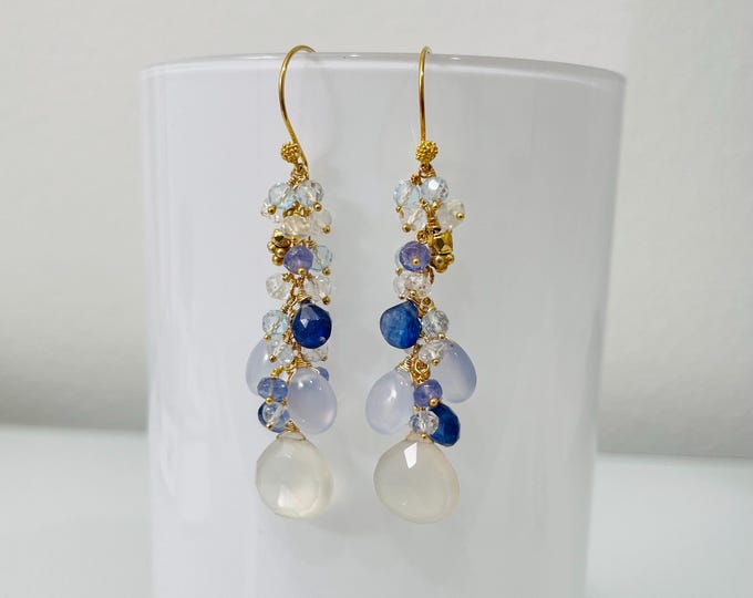 Blue Gemstone Cluster Earrings in Gold Vermeil with London Blue Topaz, Labradorite, Sky Blue Topaz, Mystic London Blue Topaz & Rock Crystal